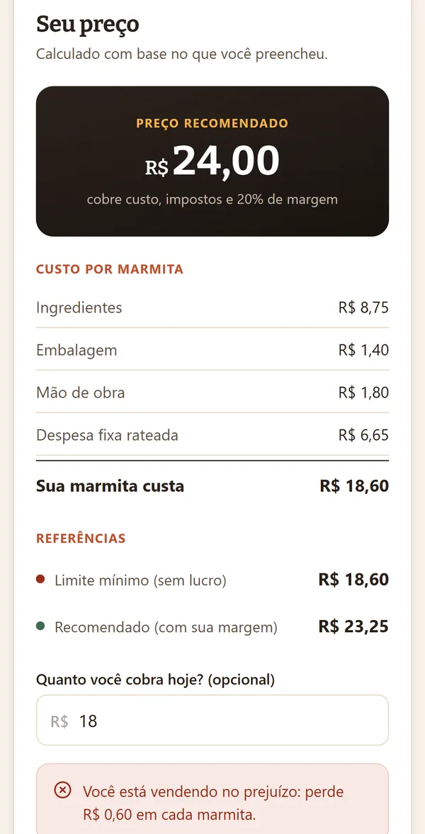 Tela real: custo de cada marmita e preço recomendado