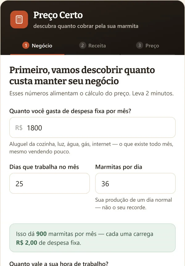 Tela real: gastos do mês e marmitas por dia