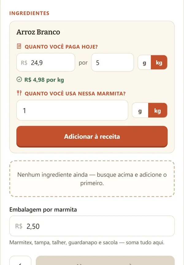 Tela real: quanto pagou e quanto usou de cada ingrediente