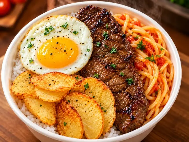 Marmita com arroz, ovo, carne, macarrão e batatas